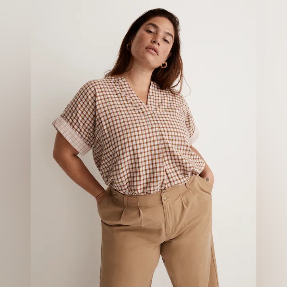 NWT Madewell Plus Double-Faced Lakeline Popover Shirt - 2X -Sepia Orange & White